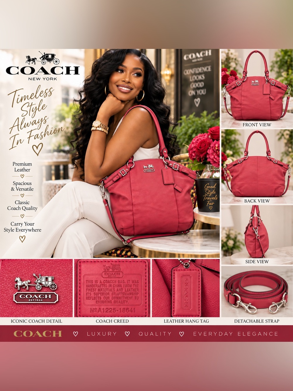 Coach coral/pinkish Leather Shoulder Bag with Removable Strap